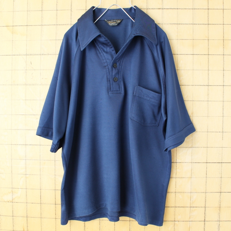 70s 80s USA JCPenney オープンカラーポロシャツ メンズXL ネイビー ブルー 半袖 アメリカ古着