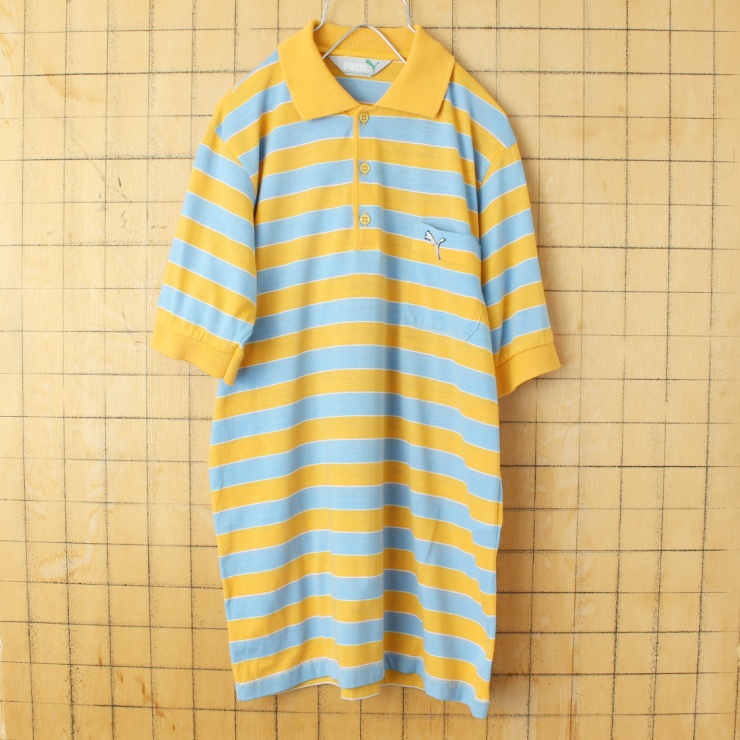 80s 90s EURO puma プーマ ボーダー ポロシャツ イエロー ブルー メンズM相当 半袖 ヨーロッパ古着