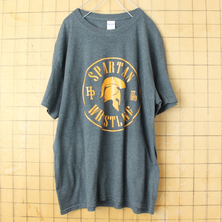 USA GILDAN SPARTAN WRESTLING プリント 半袖 Tシャツ グレー メンズL アメリカ古着