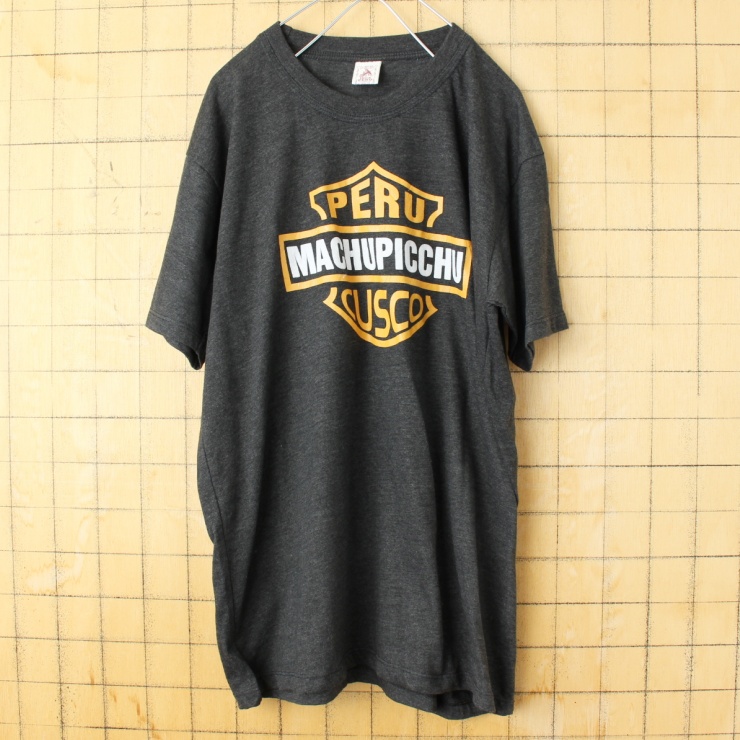 USA PERU MACHUPICCHU CUSCO プリント 半袖 Tシャツ ブラック メンズM相当 ハーレーダビッドソン アメリカ古着