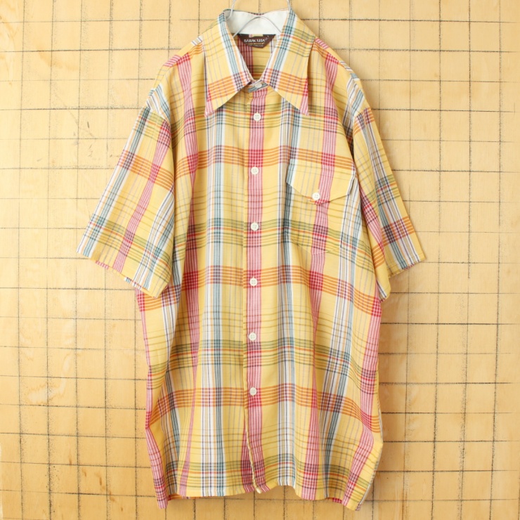70s 80s USA VAN HEUSEN バンヒューゼン 半袖 ライトフランネル チェック シャツ イエロー メンズL アメリカ古着