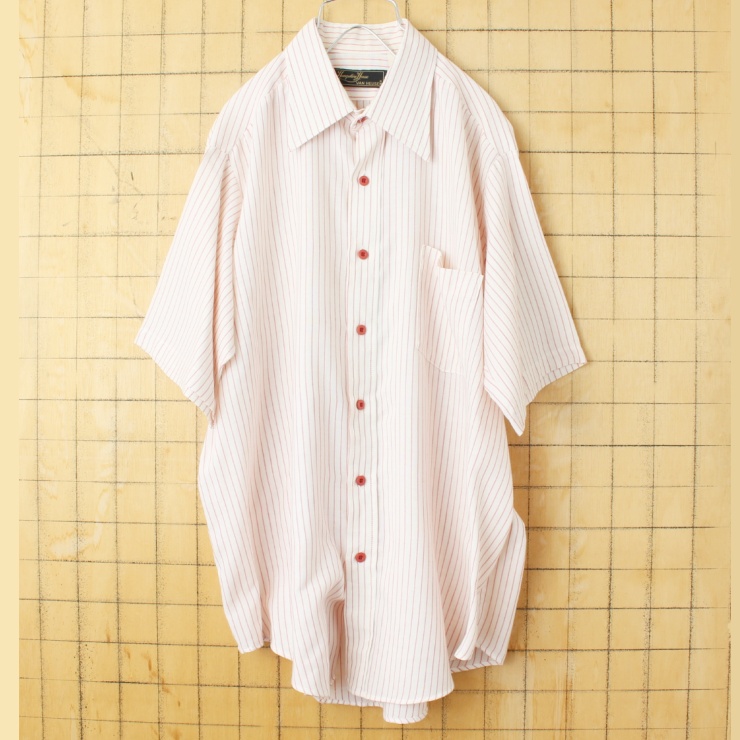 70s 80s USA VAN HEUSEN バンヒューゼン 半袖 ライトフランネル ストライプ シャツ レッド メンズXL相当 アメリカ古着