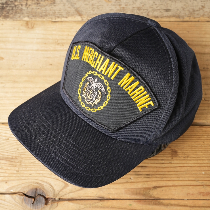 80s 90s USA製 U.S. MERCHANT MARINE コットンキャップ 帽子 ネイビーブルー フリーサイズ アメリカ古着