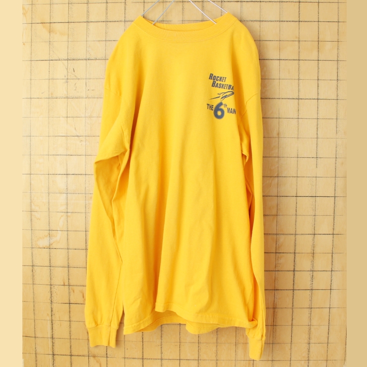 USA GILDAN ROCKET BASKETBALL 両面プリント 長袖 Tシャツ ロンT イエロー メンズL アメリカ古着