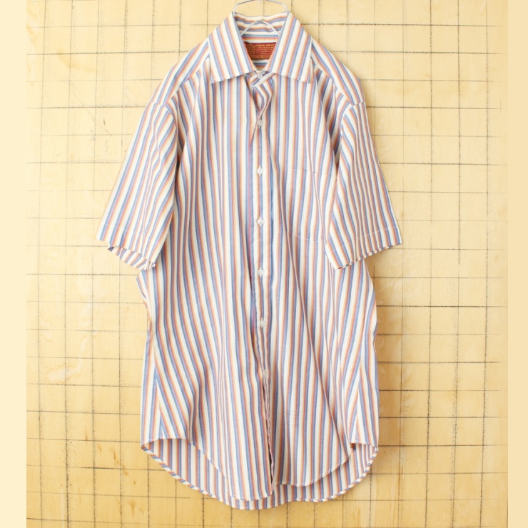 70s 80s USA Sears KINGS ROAD 半袖 ストライプ シャツ ブルー イエロー メンズL相当 アメリカ古着