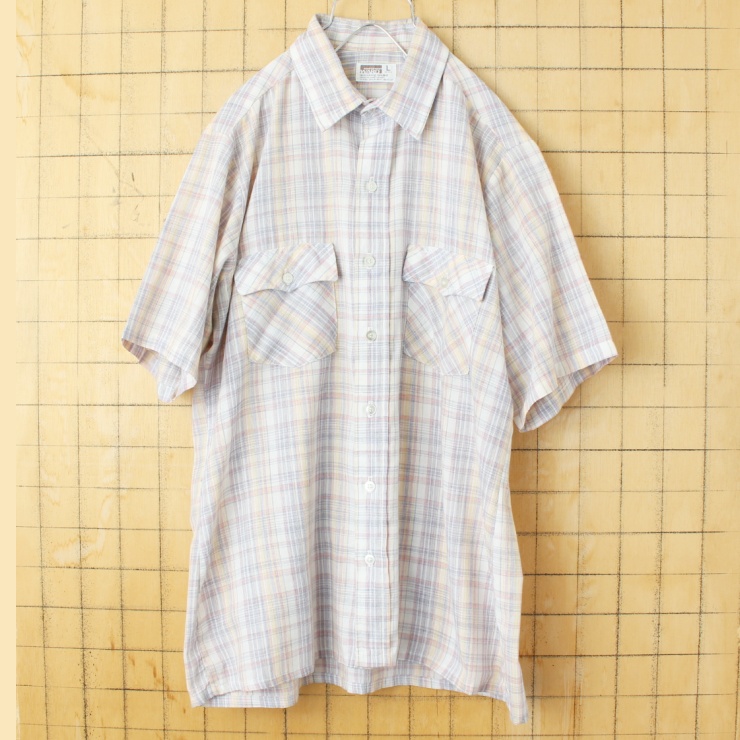 70s 80s USA MONTGOMERY WARD 半袖 チェック シャツ ネイビー ブルー メンズL アメリカ古着