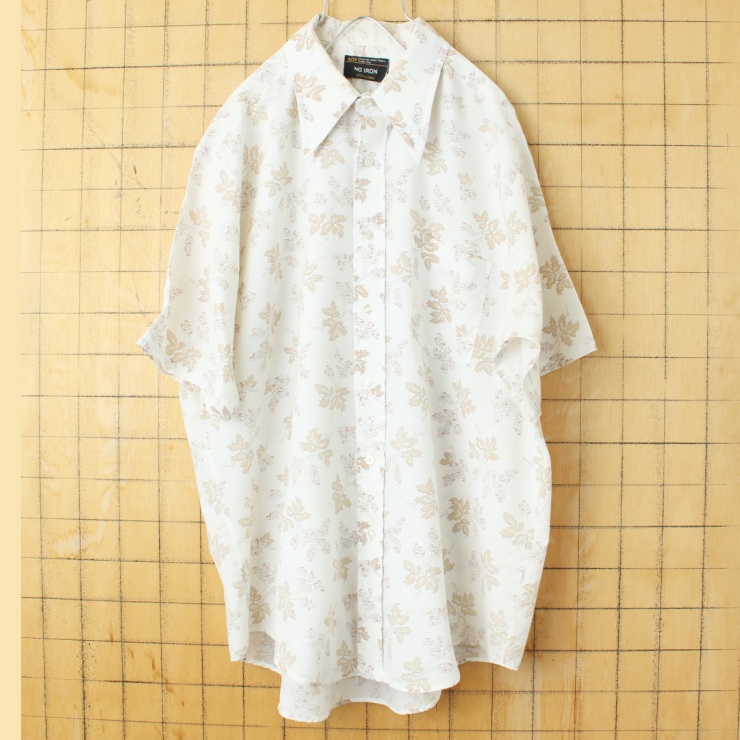 70s 80s USA JCPenney 半袖 ライトフランネル 総柄 シャツ ベージュ メンズXL相当 アメリカ古着