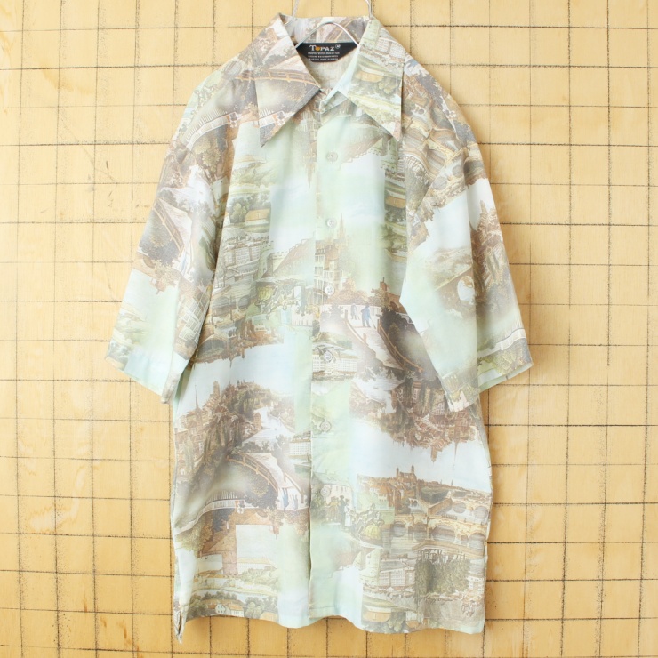 70s 80s USA TOPAZ 半袖 風景画 総柄 シャツ グリーン メンズM アメリカ古着