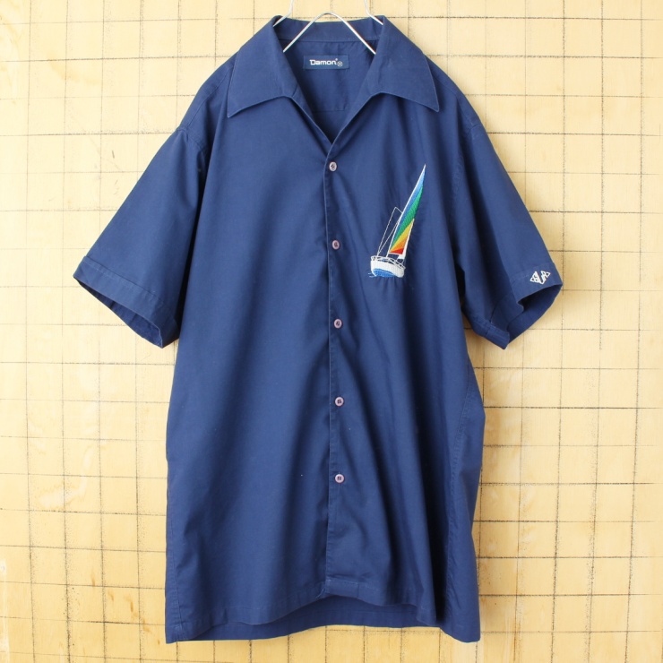 70s 80s USA Damon ヨット 刺繍 オープンカラー シャツ ネイビー ブルー メンズM 半袖 アメリカ古着