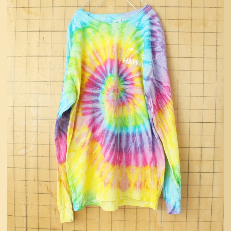 USA colortone HAWAII 両面プリント タイダイ長袖Tシャツ ロンT メンズL カラフル アメリカ古着