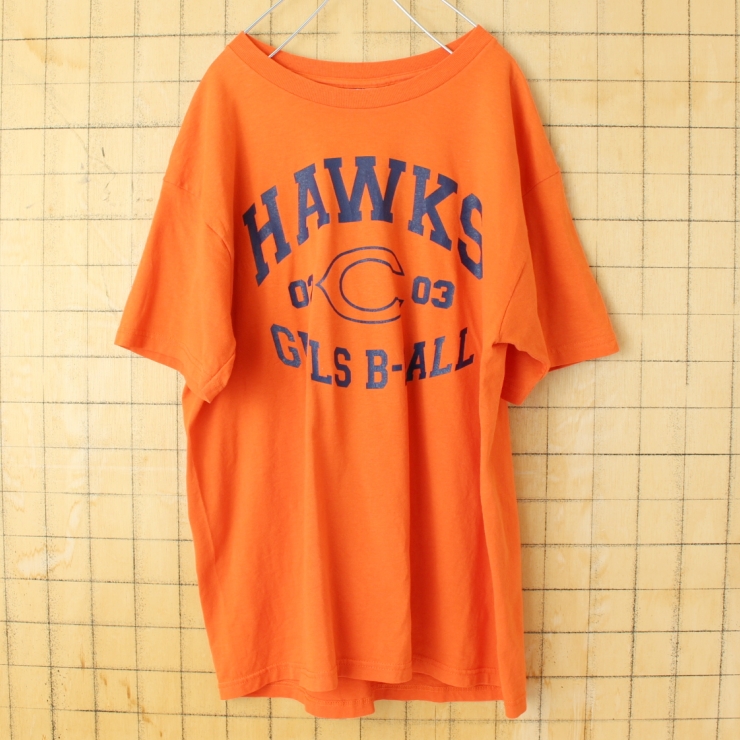 90s 00s USA FRUIT OF THE LOOM BEST HAWKS 半袖プリントTシャツ オレンジ メンズL アメリカ古着