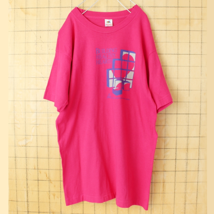80s 90s USA製 FRUIT OF THE LOOM BUILDING HEALTHY HEARTS 半袖プリントTシャツ ピンク メンズL アメリカ古着