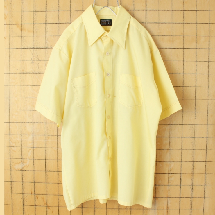 70s 80s USA JCPenney ライトフランネル半袖ボックスシャツ イエロー メンズL アメリカ古着