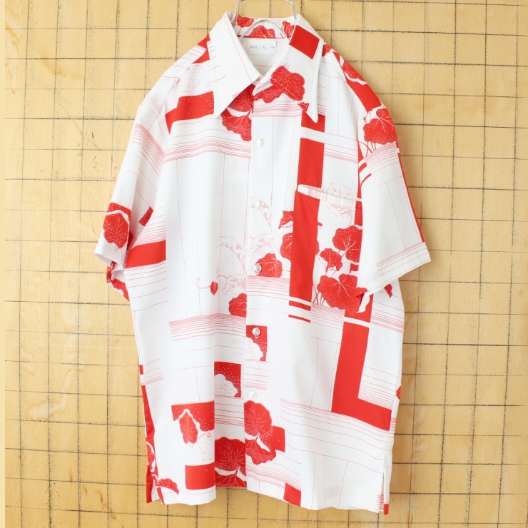 70s 80s USA 半袖ボックス総柄シャツ レッド メンズL相当 アメリカ古着