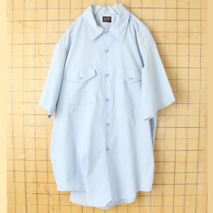 70s 80s USA製 Lee リー 半袖ワークシャツ ライトブルー メンズL相当 アメリカ古着