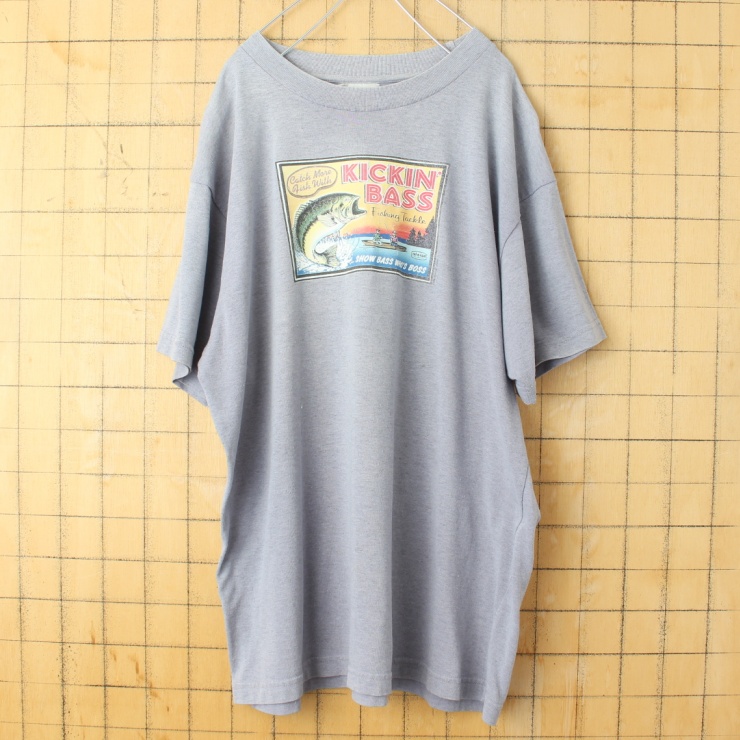 USA KICKIN' BASS プリント Tシャツ グレー メンズL相当 半袖 バス釣り アメリカ古着