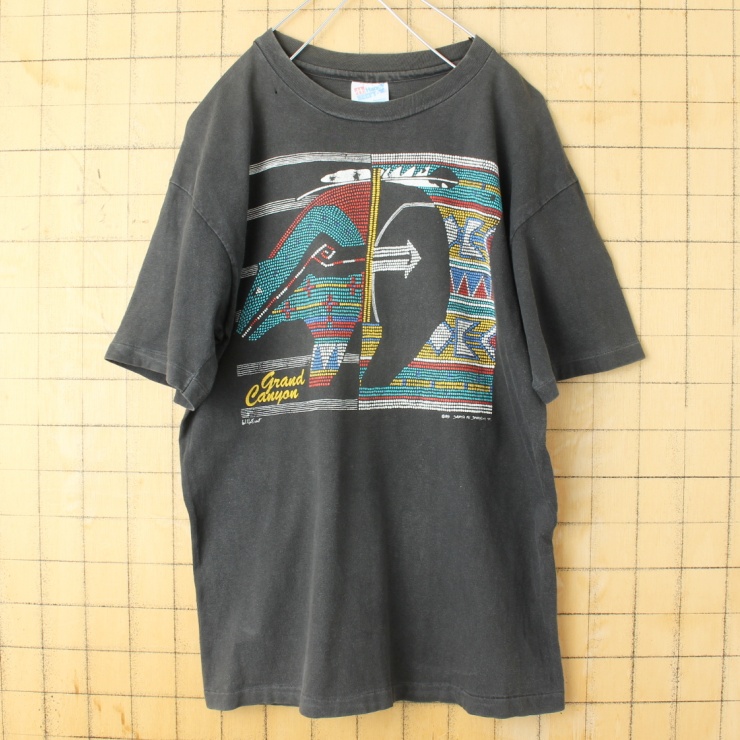 90s USA製 Hanes SANTA FE SPORTSWEAR ネイティブ柄 プリント Tシャツ ブラック メンズM 半袖 Grand Canyon アメリカ古着