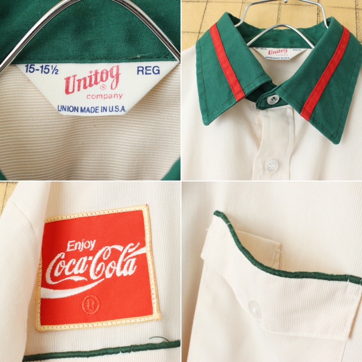 70s 80s USA製 Unitog コカコーラ ワーク シャツ ベージュ メンズML相当 ワッペン 長袖 Coca-Cola アメリカ古着