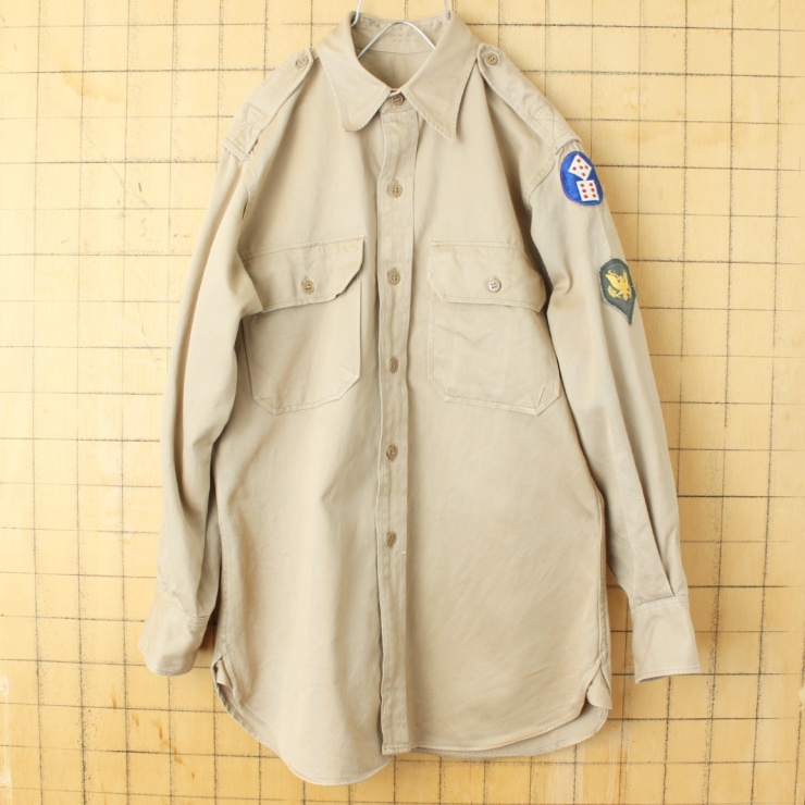 50s USA製 米軍実品 U.S.ARMY 長袖 ミリタリー チノ シャツ マチ付き メンズSM相当 サイコロ ワッペン アメリカ古着