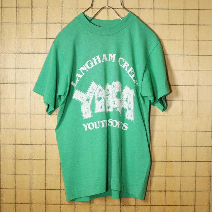 70s 80s USA製 FRUIT OF THE LOOM YMCA Coca-Cola プリント 半袖 Tシャツ グリーン 緑 メンズXS レディースSM相当 古着