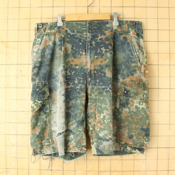 ドイツ軍 ミリタリー フレクターカモ カットオフ カーゴショートパンツ W36相当 タック 迷彩 カモフラージュ 実品 ヨーロッパ古着