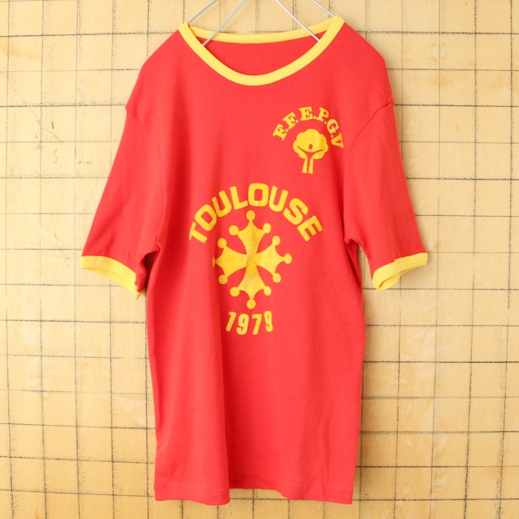 70s EURO フロッキープリント リンガー Tシャツ 半袖 レッド レディースS相当 キッズサイズ 子供服 ヨーロッパ古着