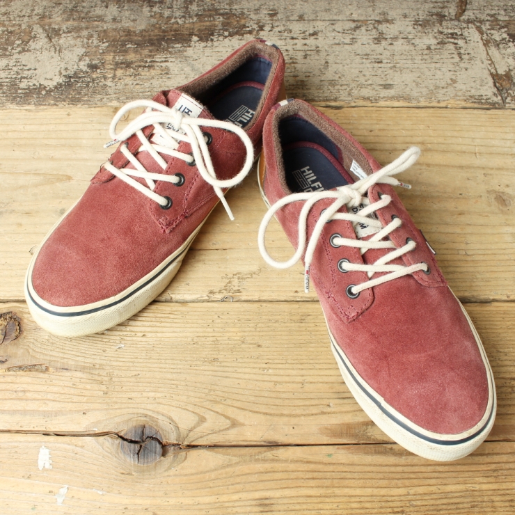 USA TOMMY HILFIGER DENIM スエードレザースニーカー デッキシューズ メンズ26.5cm ボルドー レッド アメリカ古着
