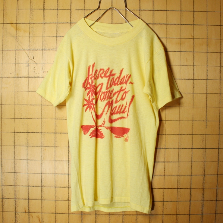 70s 80s USA製 プリント 半袖 Tシャツ イエロー メンズS相当 レディースM相当 ヤシの木 アメリカ古着