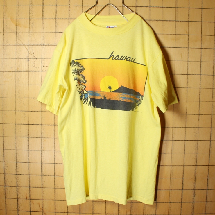 70s 80s USA製 Hanes ヘインズ hawaii プリント 半袖 Tシャツ イエロー メンズM ヤシの木 アメリカ古着