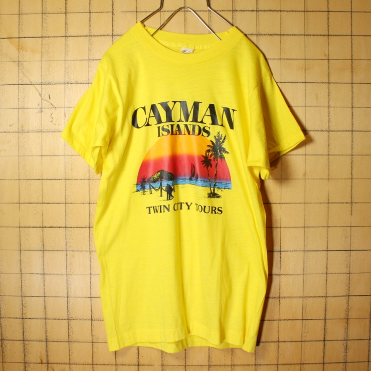 70s 80s USA製 SCREEN STARS CAYMAN ISLANDS プリント 半袖 Tシャツ イエロー メンズM ヤシの木 アメリカ古着