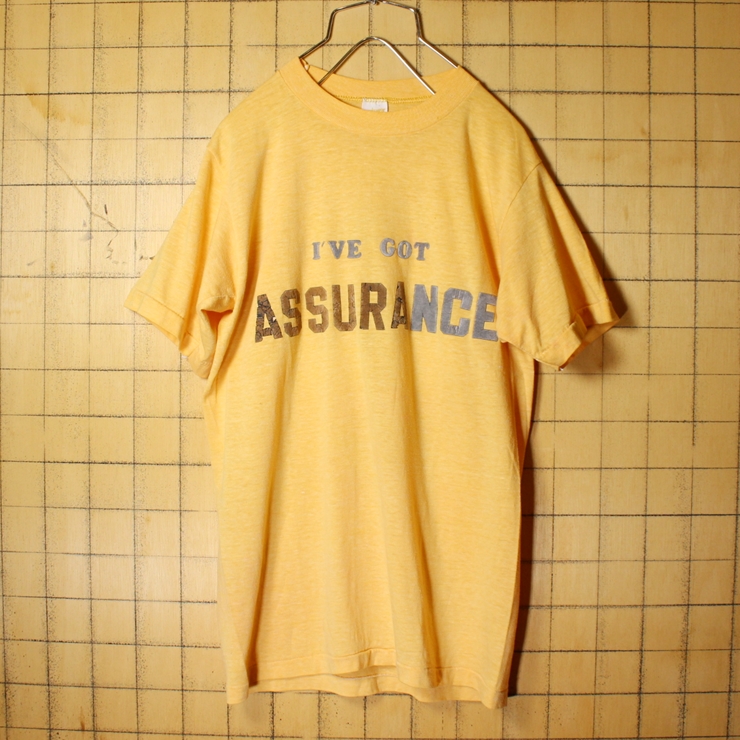 70s 80s USA製 sportswear 両面 フロッキー プリント 半袖 Tシャツ オレンジ メンズM I'VE GOT ASSURANCE アメリカ古着