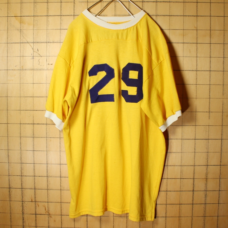 60s 70s USA製 Red Fox Athletic Goods ワッペン 半袖 フットボール Tシャツ イエロー メンズL アメリカ