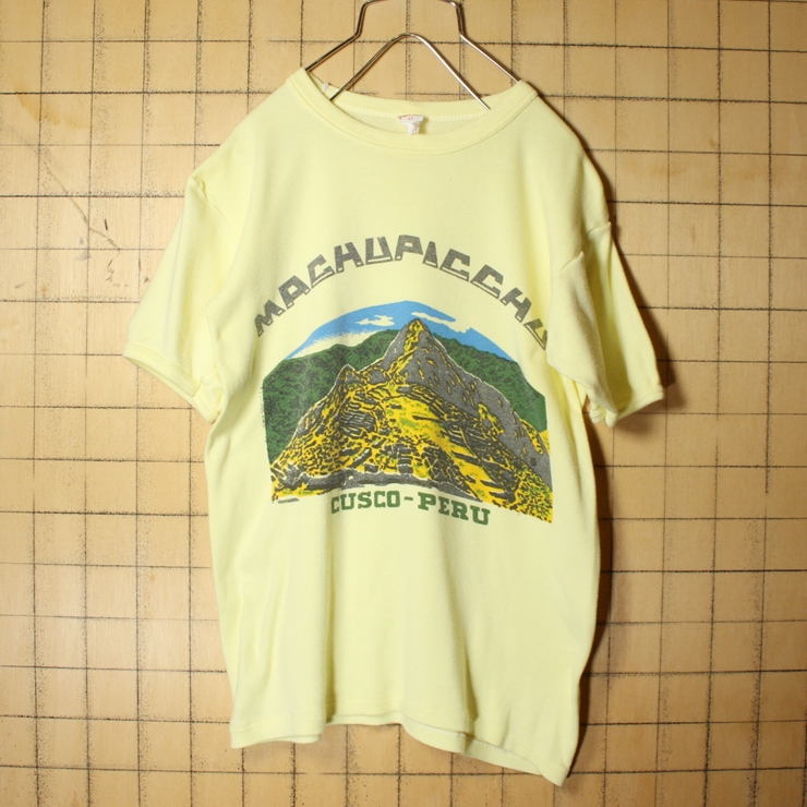 70s 80s MACHUPICCHU マチュピチュ プリント 半袖 Tシャツ イエロー メンズS相当 レディースM相当  ペルー 古着