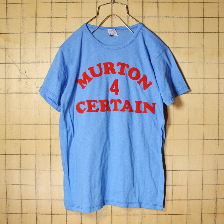 70s 80s USA製 フロッキー プリント 半袖 Tシャツ ライトブルー メンズXS相当 レディースS相当 MURTON CERTAIN アメリカ古着