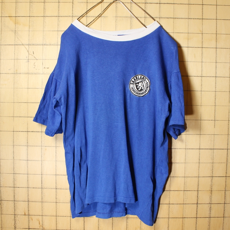 70s 80s ドイツ ワッペン 半袖 Tシャツ ブルー メンズM相当 レディースL相当 SAARLAND VERSICHERUNGSANSTALTEN ヨーロッパ古着