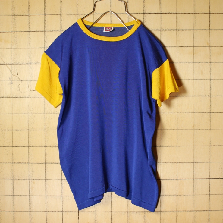 60s 70s USA製 MASON バックプリント 半袖 レーヨン Tシャツ ブルー イエロー メンズXS相当 レディースS相当 LIONS CLUB アメリカ古着