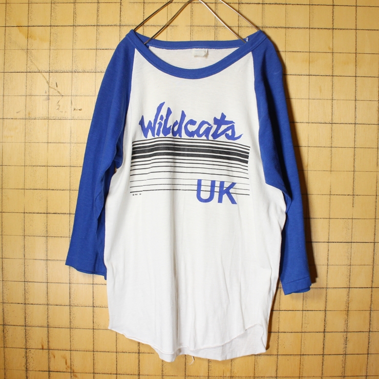 80s USA製 sportswear プリント 七分袖 ラグラン Tシャツ ブルー ホワイト メンズSM相当 Wildcats UK ベースボール アメリカ古着
