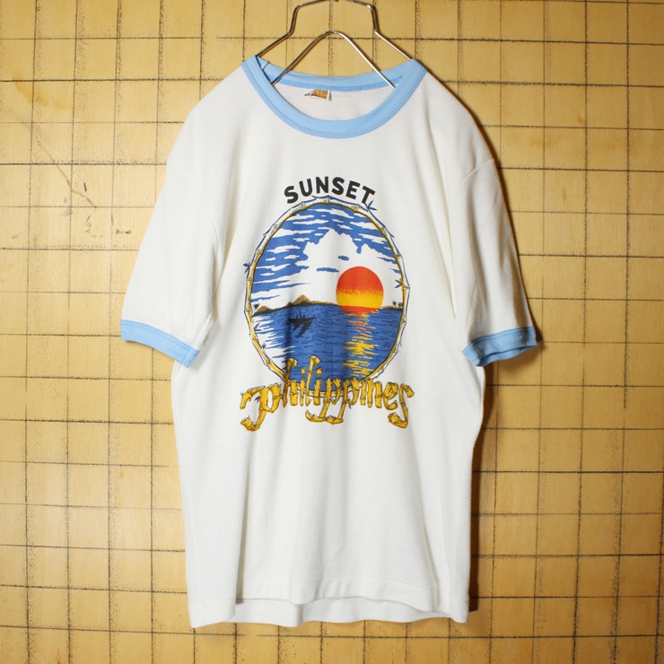 70s 80s SUNSET philippines プリント 半袖 Tシャツ ホワイト メンズS相当 レディースSM相当 古着