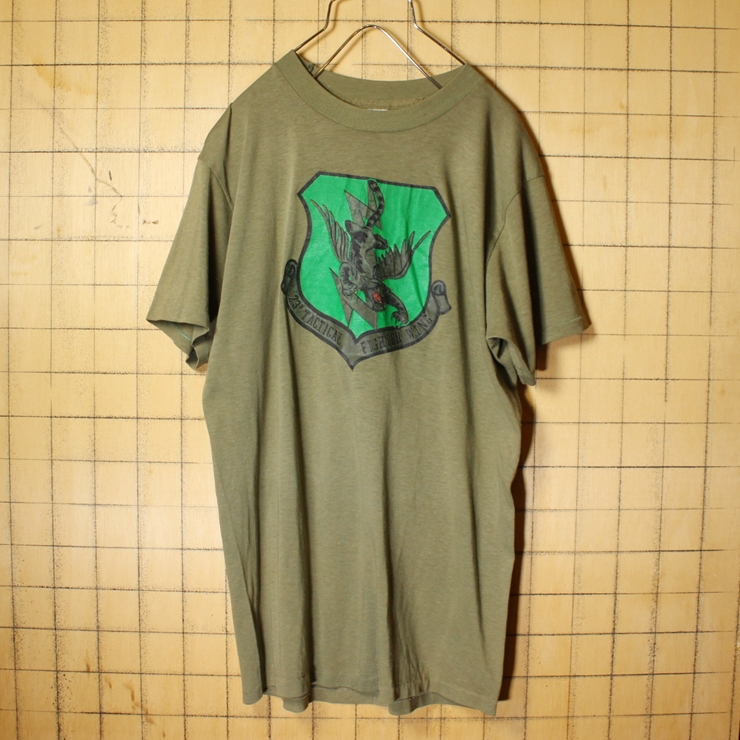 70s 80s USA製 ARTEX 23D TACTICAL FIGHTER WING プリント 半袖 Tシャツ カーキ グリーン メンズM アメリカ空軍第23航空団 古着