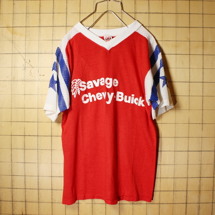 60s 70s USA製 MASON プリント 半袖 Tシャツ レッド ホワイト メンズS相当 レディースM相当 Savage Chevy-Buick アメリカ古着