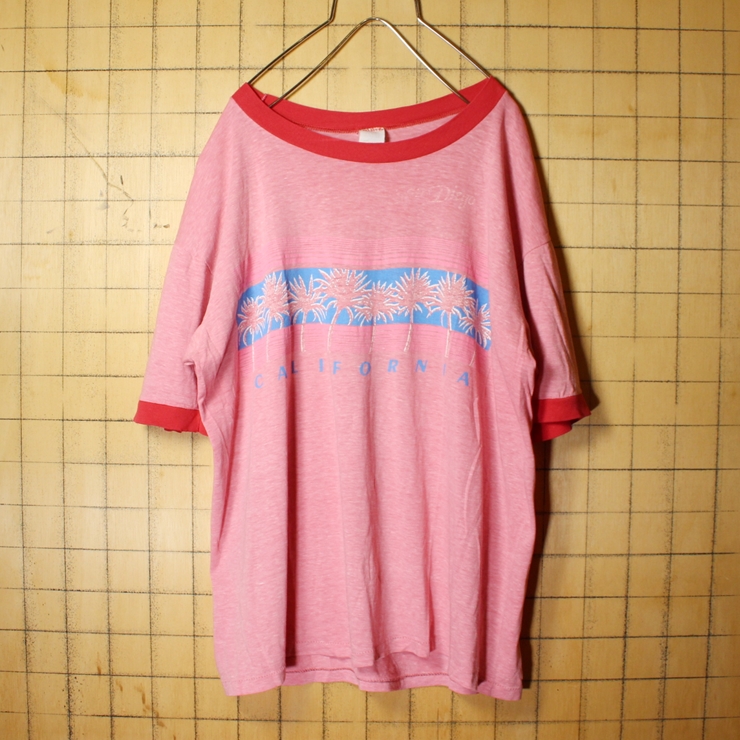 70s 80s USA製 SPRUCE CALIFORNIA プリント 半袖 リンガー Tシャツ レッド メンズXL ヤシの木 アメリカ古着