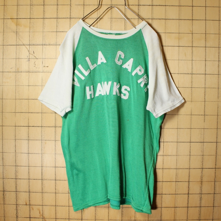 60s USA製 Southland UNIFORMS ワッペン レーヨン ナンバリング Tシャツ グリーン 緑 メンズL 半袖 VILLA CAPRI HAWKSアメリカ古着