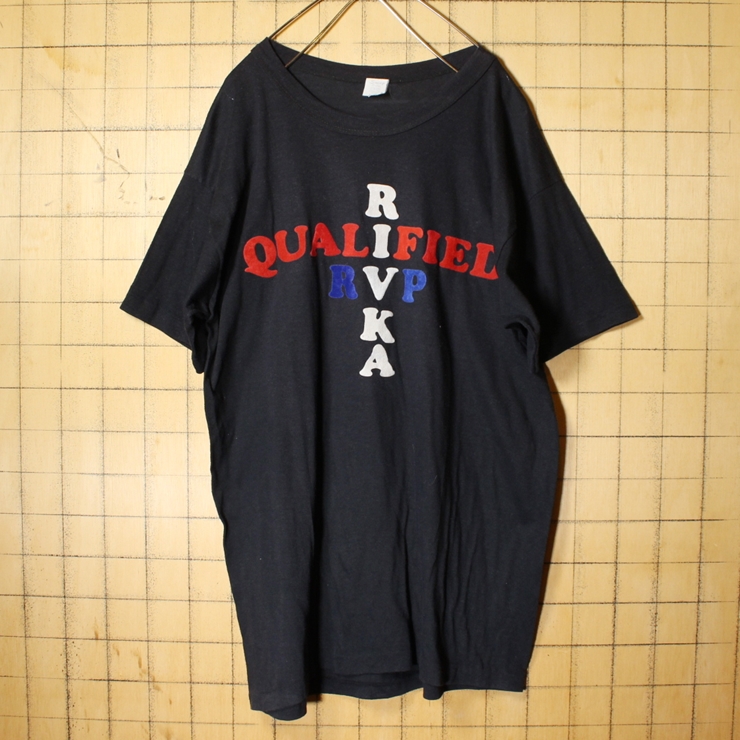 70s 80s USA製 両面 フロッキープリント 半袖 Tシャツ ブラック 黒 メンズXL RIVKA QUALIFIED RVP アメリカ古着