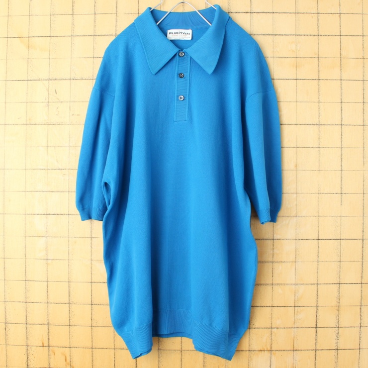 60s 70s USA製 PURITAN Ban-Lon バンロン ポロシャツ メンズL ブルー 半袖 ナイロン アメリカ古着