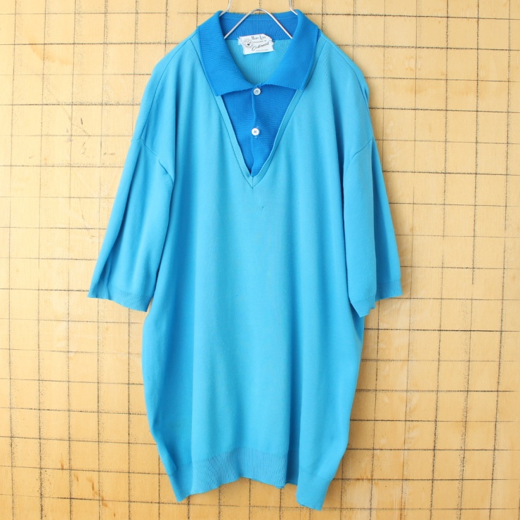 60s 70s USA製 Continental Ban-Lon バンロン ポロシャツ メンズL相当 ブルー 半袖 ナイロン アメリカ古着