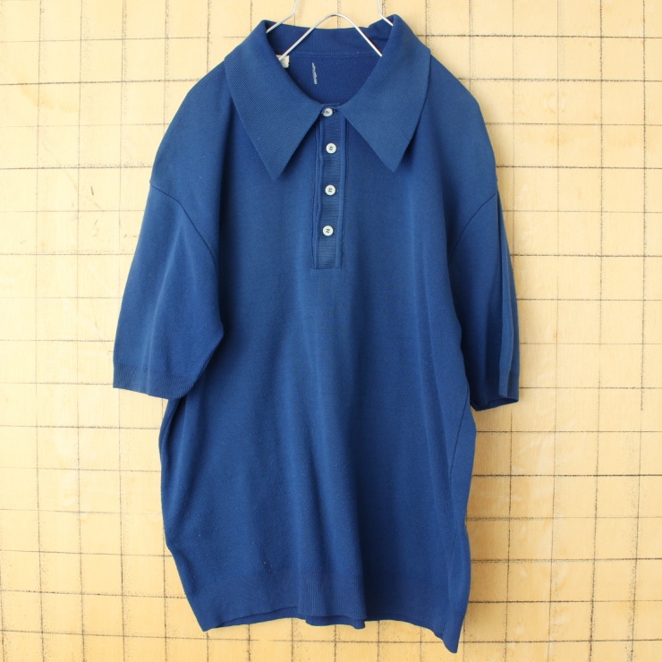 60s 70s USA製 バンロン ポロシャツ メンズL ネイビー ブルー 半袖 ナイロン アメリカ古着