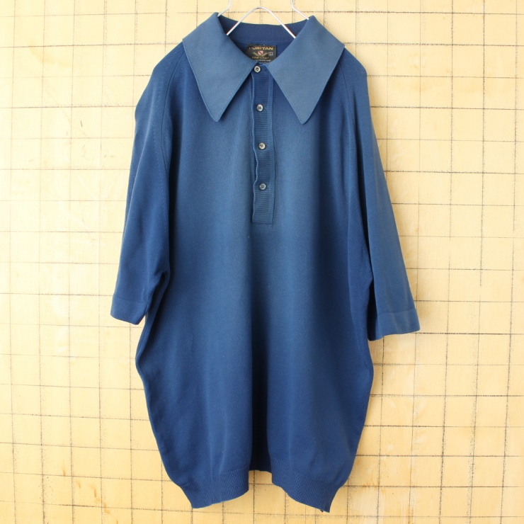 60s 70s USA製 PURITAN Ban-Lon バンロン ポロシャツ メンズL ネイビー ブルー 半袖 ナイロン アメリカ古着