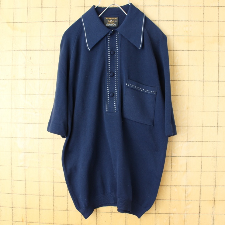 60s 70s USA製 PURITAN Ban-Lon ステッチ バンロン ポロシャツ メンズS ネイビー ブルー 半袖 ナイロン アメリカ古着