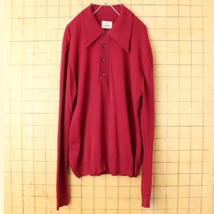 60s 70s USA製 SHIRTCRAFT Ban-Lon バンロン 長袖 ポロシャツ メンズM ボルドー レッド ナイロン アメリカ古着