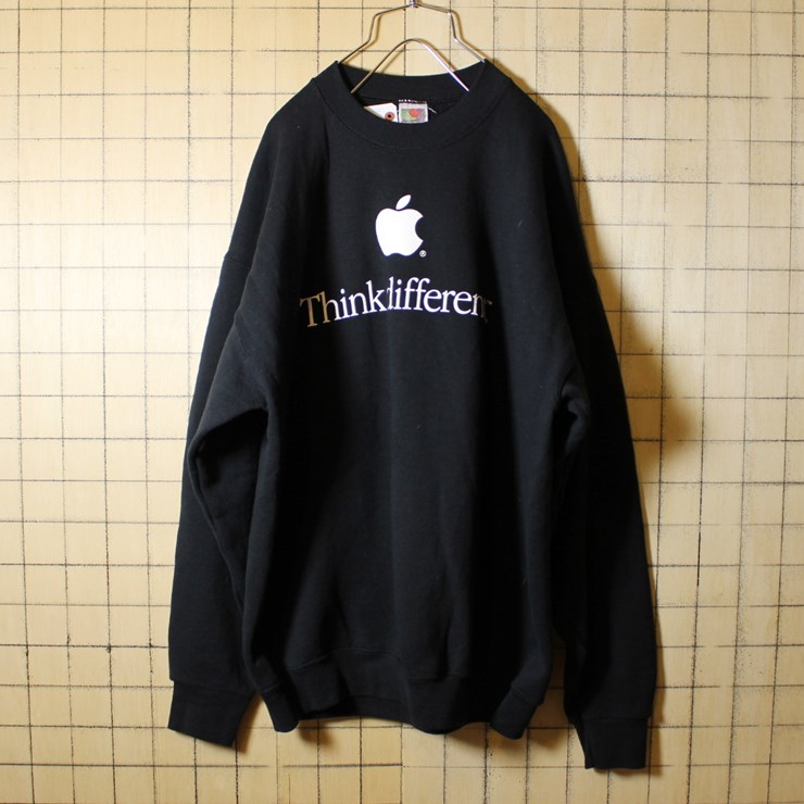 古着 apple アップル Think different プリント スウェット ブラック トレーナー メンズXL マック mac Fruit of the Loom